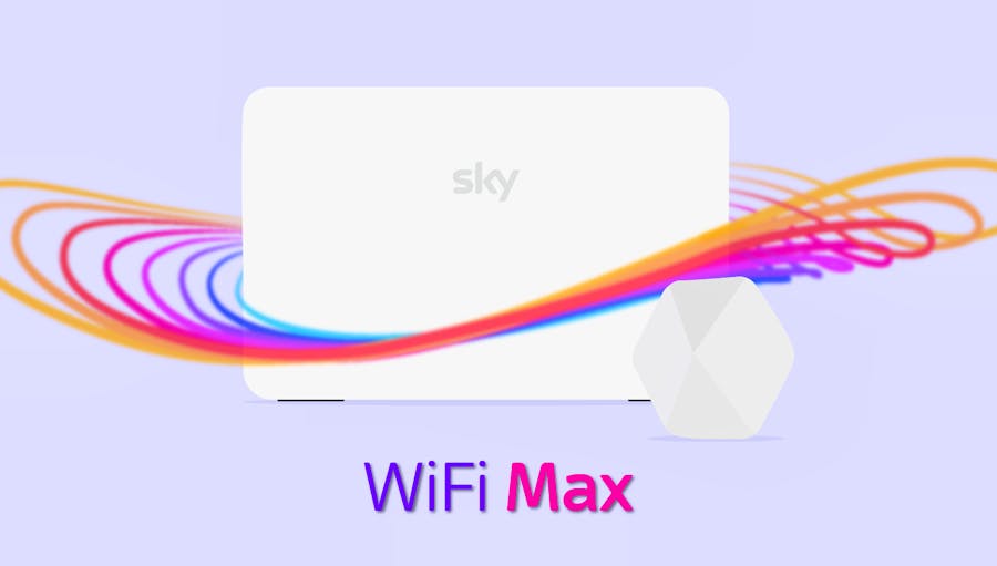 A Sky router surrounded by stylised radio waves, with the text WiFi Max