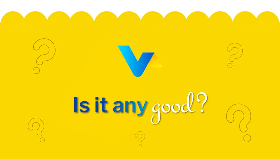 V4 Consumer Broadband logo with 'Is it any good?' underneath and some question marks around it.