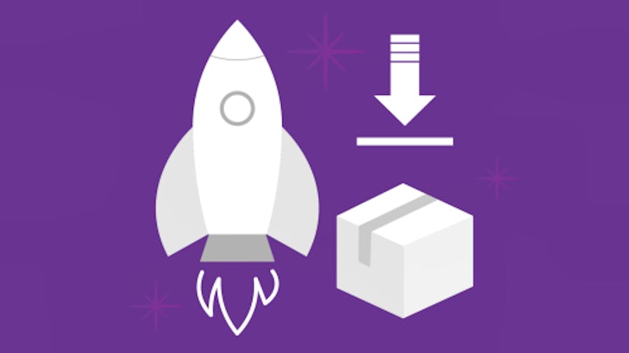 A rocket, a package and an arrow indicating downloading.