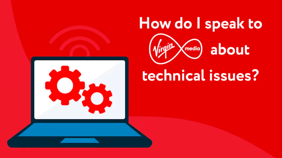 A laptop and setting icons, with text that reads 'How do I speak to Virgin Media about technical issues?'