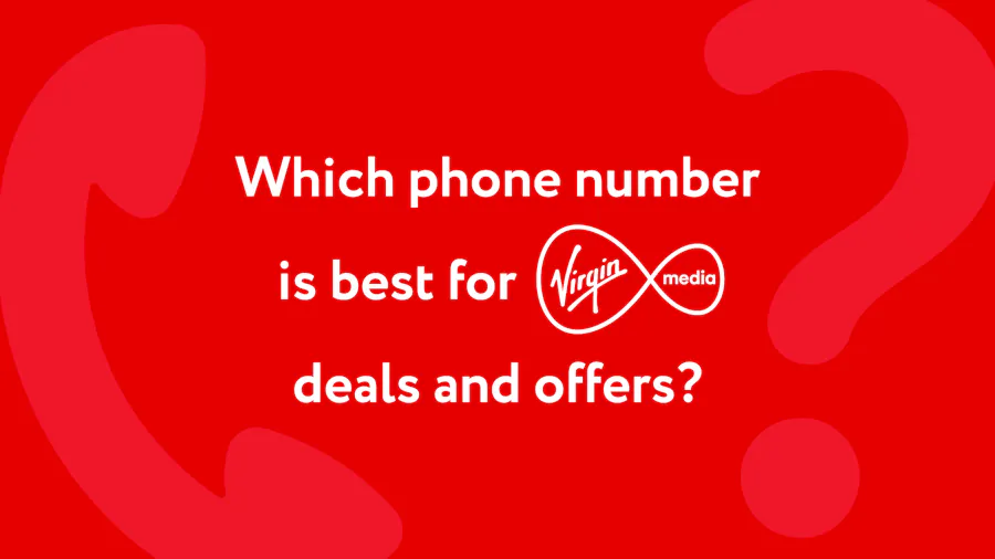 Text reading 'Which phone number is best for Virgin Media deals and offers?' surrounded by a phone illustration and question mark.