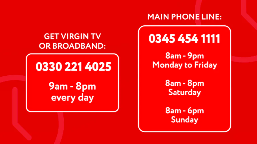 Information on Virgin Media phone numbers and opening times.