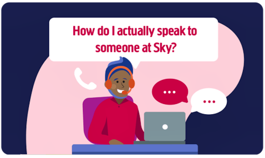 Illustration of happy, friendly call centre agent and a speech bubble that says "How do I actually speak to someone at Sky?'